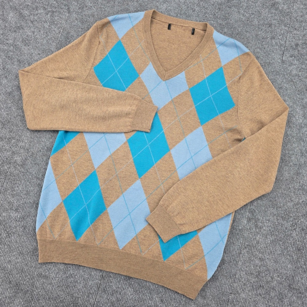 Victoria Secret Silk Cashmere Argyle V-Neck Sweater Tan Blue RN 54867